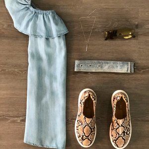 Ruffled Denim off the Shoulder Dress